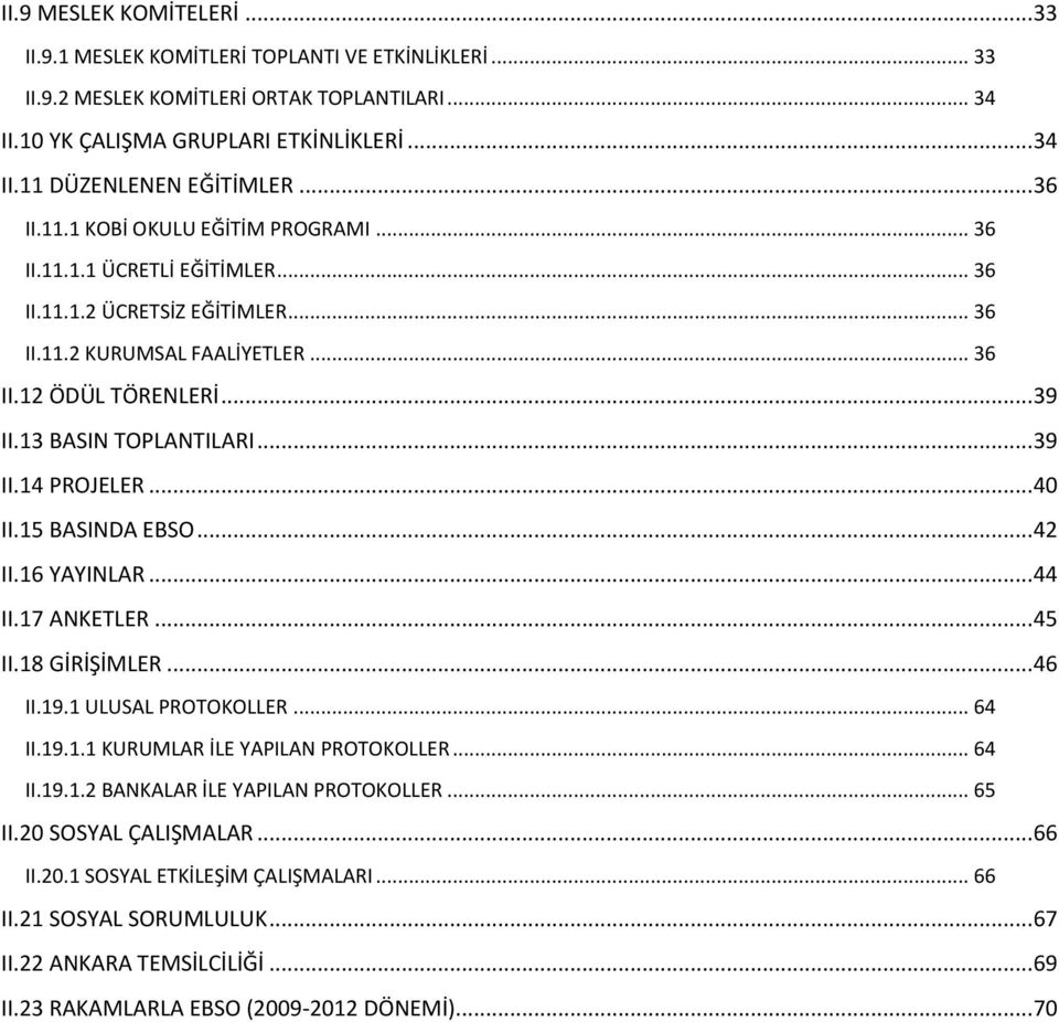 13 BASIN TOPLANTILARI... 39 II.14 PROJELER... 40 II.15 BASINDA EBSO... 42 II.16 YAYINLAR... 44 II.17 ANKETLER... 45 II.18 GİRİŞİMLER... 46 II.19.1 ULUSAL PROTOKOLLER... 64 II.19.1.1 KURUMLAR İLE YAPILAN PROTOKOLLER.