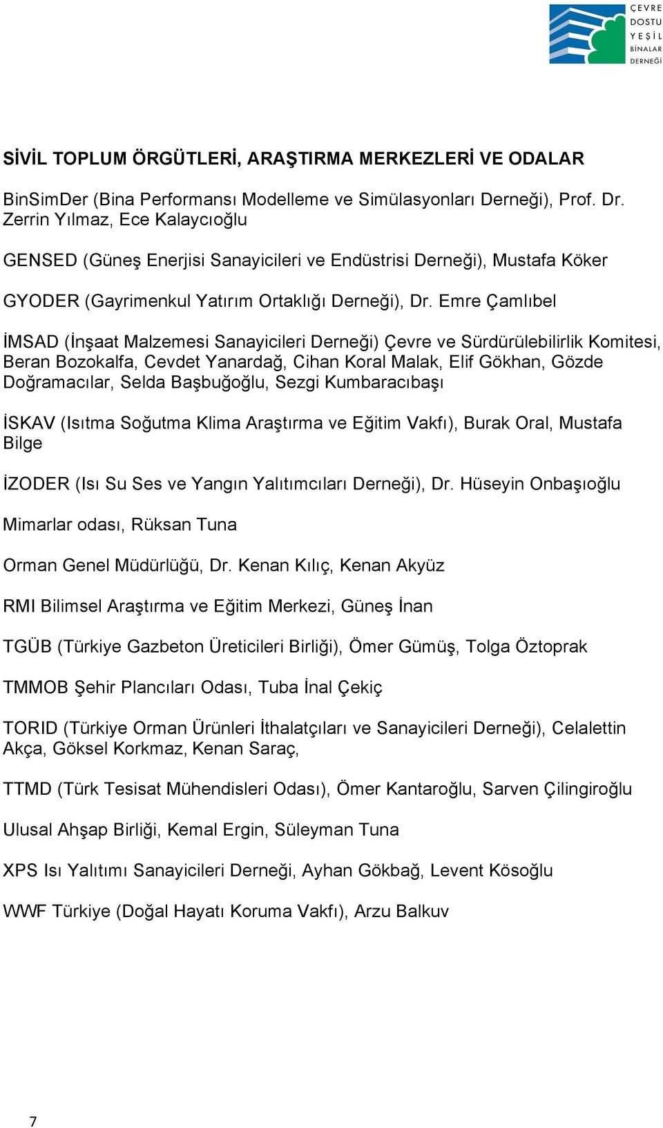 Emre Çamlıbel İMSAD (İnşaat Malzemesi Sanayicileri Derneği) Çevre ve Sürdürülebilirlik Komitesi, Beran Bozokalfa, Cevdet Yanardağ, Cihan Koral Malak, Elif Gökhan, Gözde Doğramacılar, Selda