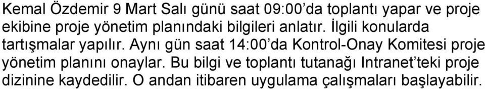 Aynı gün saat 14:00 da Kontrol-Onay Komitesi proje yönetim planını onaylar.