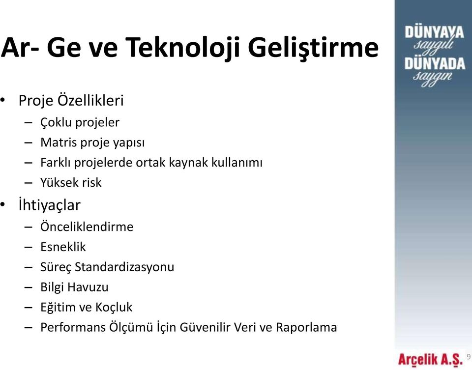 risk İhtiyaçlar Önceliklendirme Esneklik Süreç Standardizasyonu Bilgi