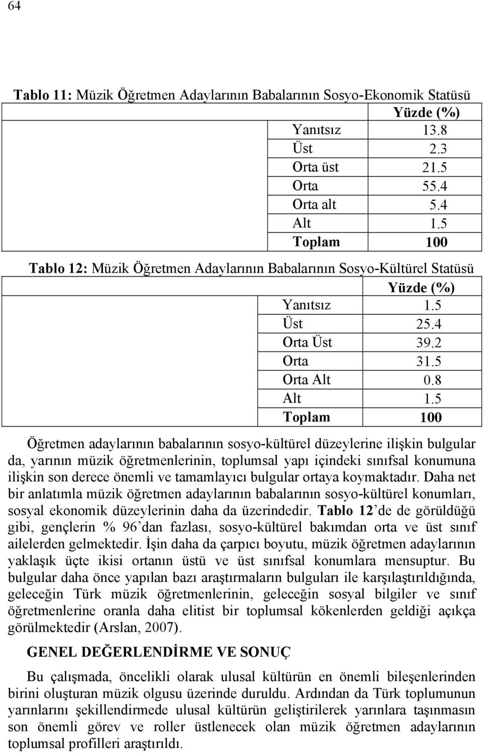 5 Öğretmen adaylarının babalarının sosyo-kültürel düzeylerine ilişkin bulgular da, yarının müzik öğretmenlerinin, toplumsal yapı içindeki sınıfsal konumuna ilişkin son derece önemli ve tamamlayıcı