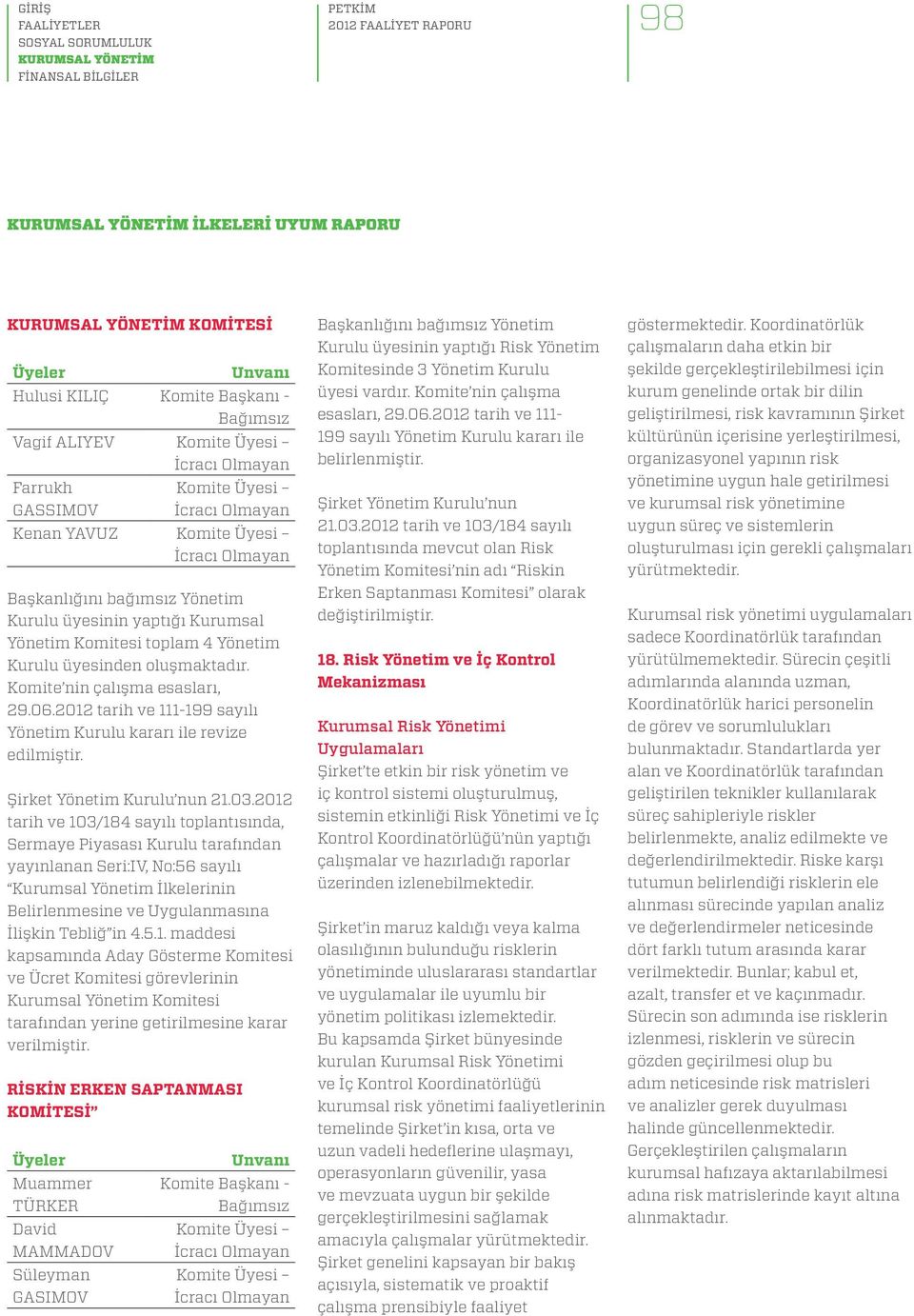 Kurulu üyesinden oluşmaktadır. Komite nin çalışma esasları, 29.06.2012 tarih ve 111-199 sayılı Yönetim Kurulu kararı ile revize edilmiştir. Şirket Yönetim Kurulu nun 21.03.