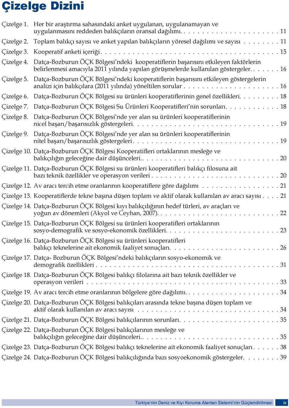 Datça-Bozburun ÖÇK Bölgesi ndeki kooperatiflerin başarısını etkileyen faktörlerin belirlenmesi amacıyla 2011 yılında yapılan görüşmelerde kullanılan göstergeler....... 16 Çizelge 5.