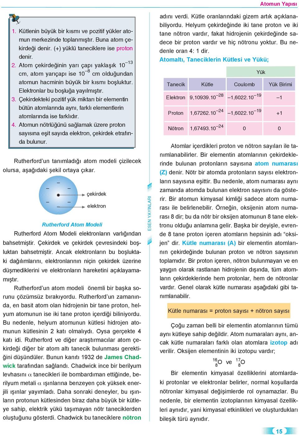 Çekirdekteki pozitif yük miktar bir elementin bütün atomlar nda ayn, farkl elementlerin atomlar nda ise farkl d r. 4.