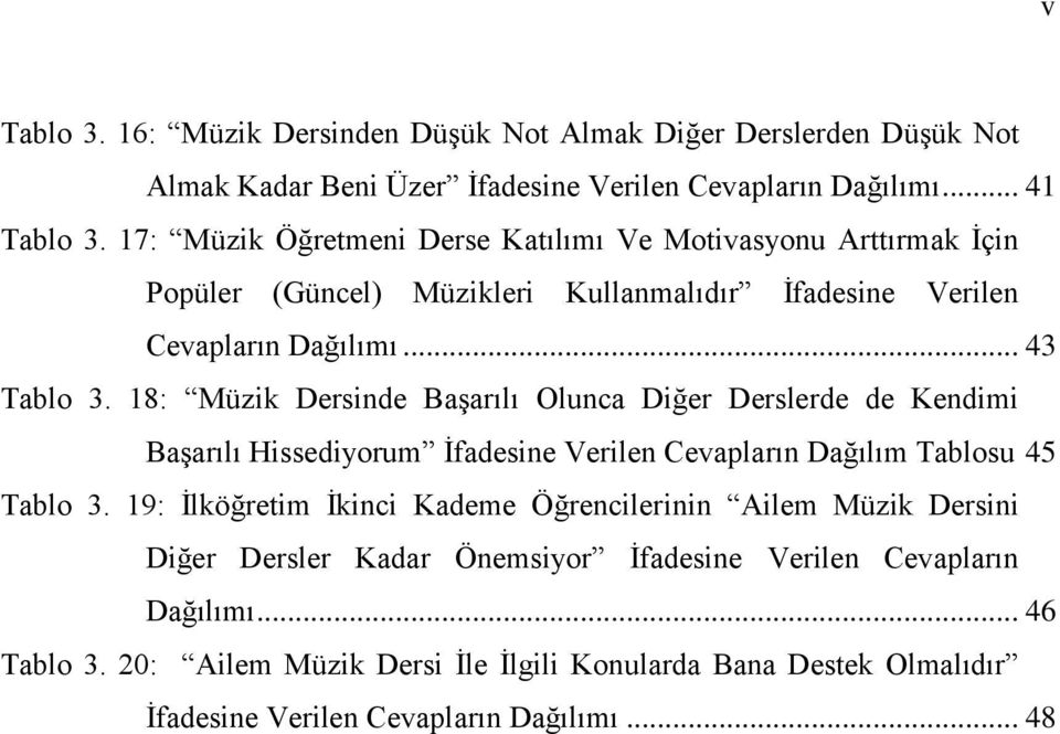 18: Müzik Dersinde Başarılı Olunca Diğer Derslerde de Kendimi Başarılı Hissediyorum İfadesine Verilen Cevapların Dağılım Tablosu 45 Tablo 3.