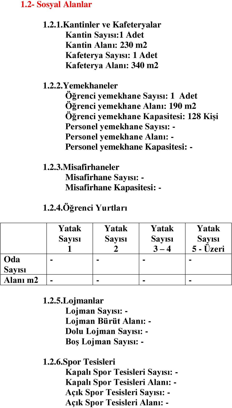 Misafirhaneler Misafirhane Sayısı: - Misafirhane Kapasitesi: - 1.2.4.Öğrenci Yurtları Yatak Sayısı 1 Yatak Sayısı 2 Yatak Sayısı 3 4 Oda - - - - Sayısı Alanı m2 - - - - 1.2.5.