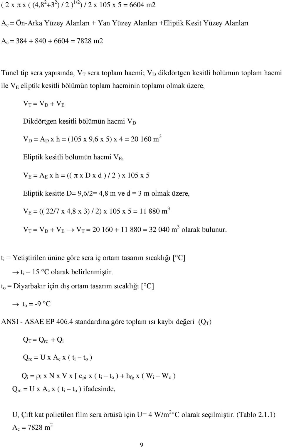 x h = (105 x 9,6 x 5) x 4 = 20 160 m 3 Eliptik kesitli bölümün hacmi V E, V E = A E x h = (( x D x d ) / 2 ) x 105 x 5 Eliptik kesitte D= 9,6/2= 4,8 m ve d = 3 m olmak üzere, V E = (( 22/7 x 4,8 x 3)