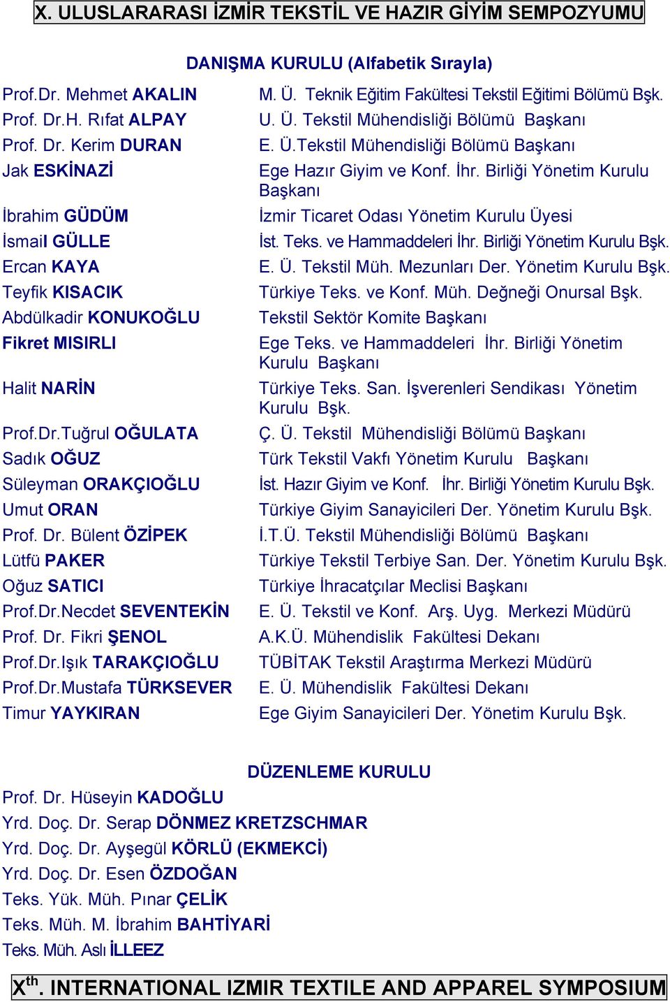 Ü. Teknik Eğitim Fakültesi Tekstil Eğitimi Bölümü Bşk. U. Ü. Tekstil Mühendisliği Bölümü Başkanı E. Ü.Tekstil Mühendisliği Bölümü Başkanı Ege Hazır Giyim ve Konf. İhr.