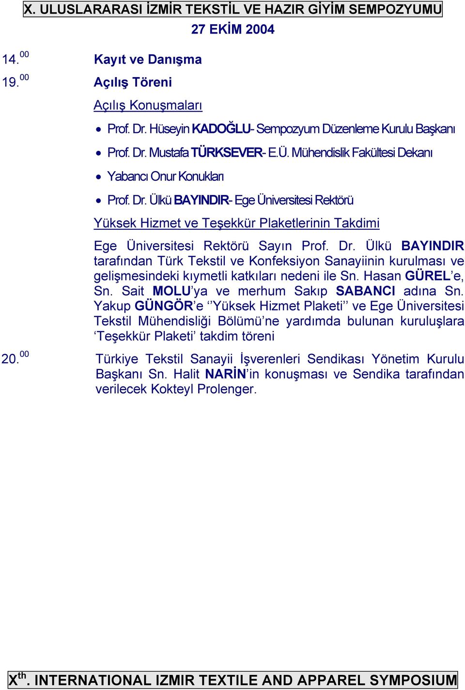 Dr. Ülkü BAYINDIR tarafından Türk Tekstil ve Konfeksiyon Sanayiinin kurulması ve gelişmesindeki kıymetli katkıları nedeni ile Sn. Hasan GÜREL e, Sn. Sait MOLU ya ve merhum Sakıp SABANCI adına Sn.