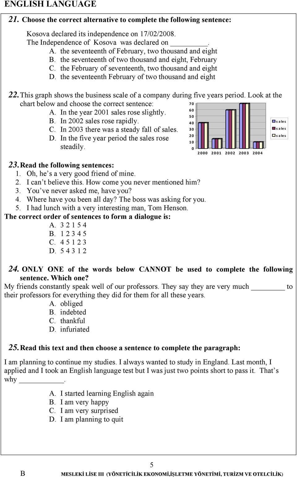 the seventeenth February of two thousand and eight. This graph shows the business scale of a company during five years period. Look at the chart below and choose the correct sentence: 70 60 A.