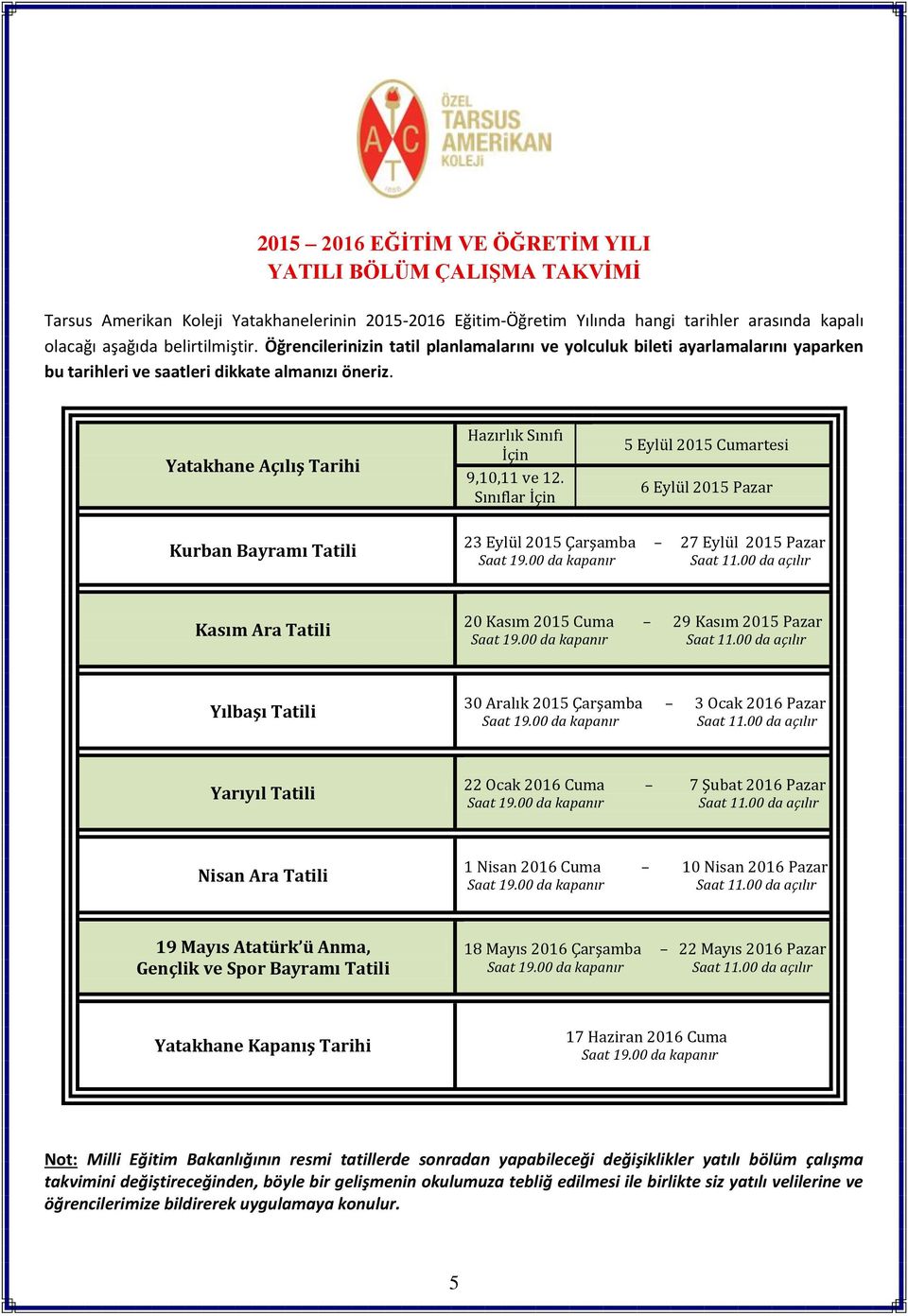 Sınıflar İçin 5 Eylül 2015 Cumartesi 6 Eylül 2015 Pazar Kurban Bayramı Tatili 23 Eylül 2015 Çarşamba 27 Eylül 2015 Pazar Saat 19.00 da kapanır Saat 11.