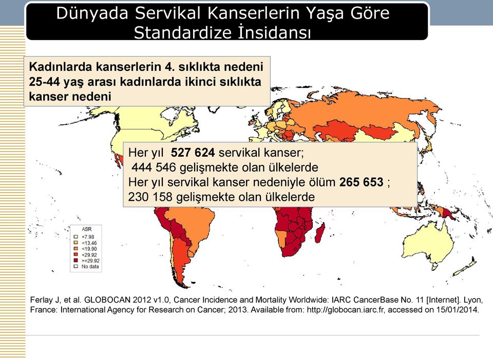 ülkelerde Her yıl servikal kanser nedeniyle ölüm 265 653 ; 230 158 gelişmekte olan ülkelerde Ferlay J, et al. GLOBOCAN 2012 v1.