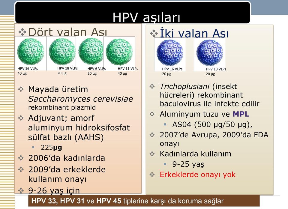 Dört valan Aşı HPV 16 VLPs 40 µg Mayada üretim Saccharomyces cerevisiae rekombinant plazmid Adjuvant; amorf aluminyum hidroksifosfat sülfat bazlı (AAHS) 225µg HPV 18 VLPs 20 µg
