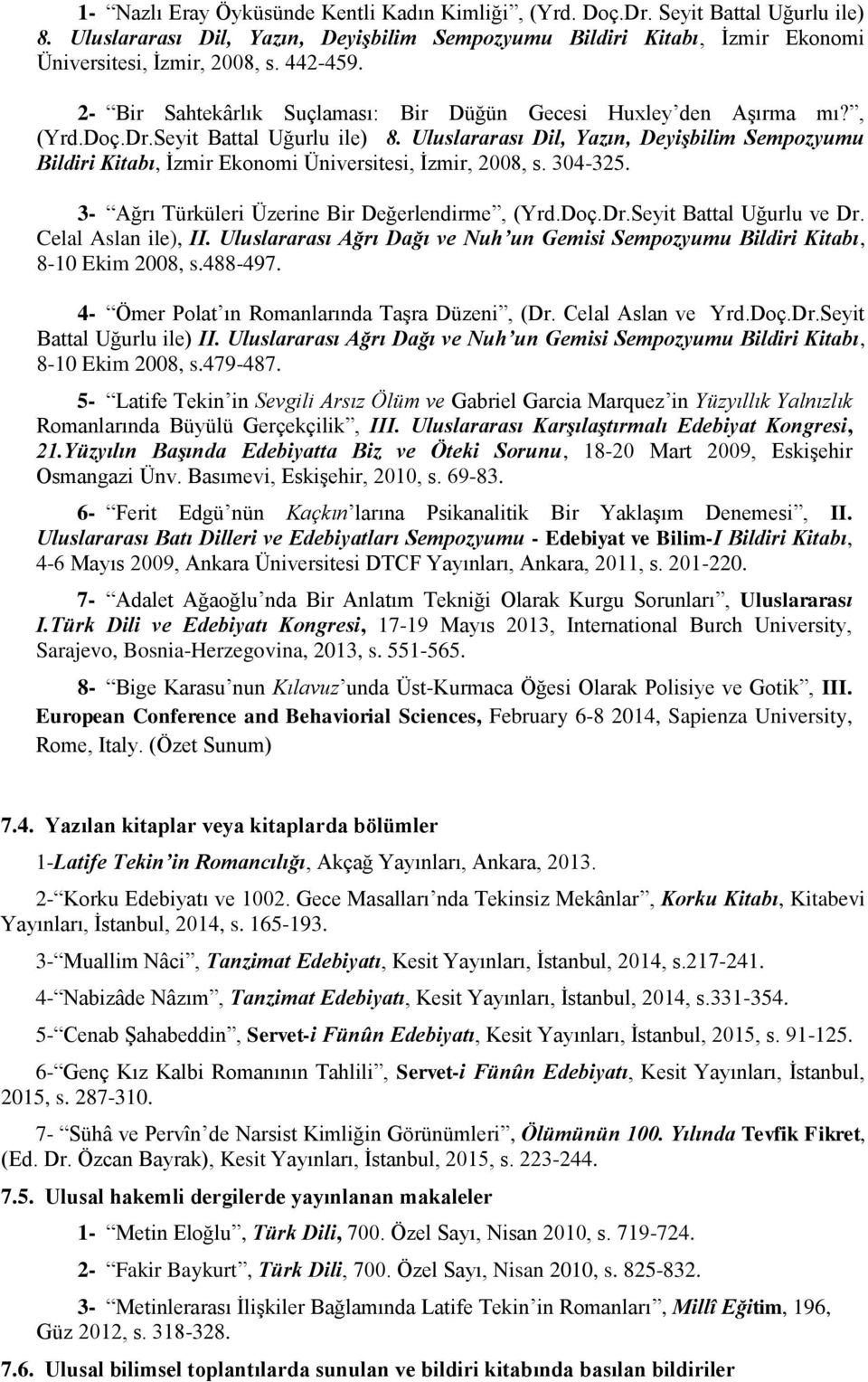 Uluslararası Dil, Yazın, Deyişbilim Sempozyumu Bildiri Kitabı, İzmir Ekonomi Üniversitesi, İzmir, 2008, s. 304-325. 3- Ağrı Türküleri Üzerine Bir Değerlendirme, (Yrd.Doç.Dr.Seyit Battal Uğurlu ve Dr.