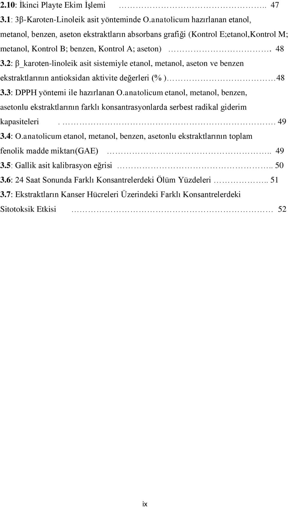 2: β_karoten-linoleik asit sistemiyle etanol, metanol, aseton ve benzen ekstraktlarının antioksidan aktivite değerleri (% ) 48 3.3: DPPH yöntemi ile hazırlanan O.