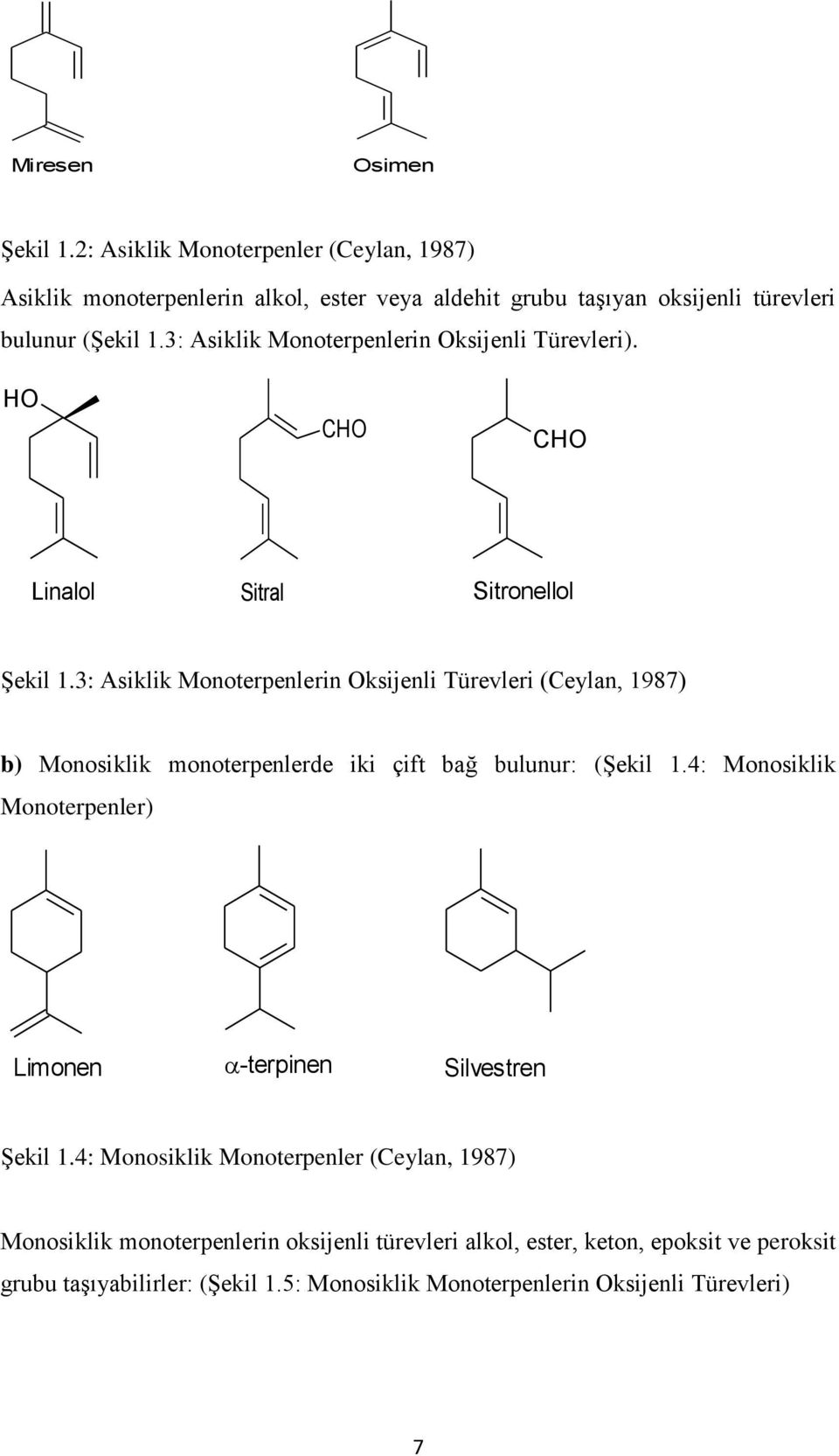 3: Asiklik Monoterpenlerin Oksijenli Türevleri (Ceylan, 1987) b) Monosiklik monoterpenlerde iki çift bağ bulunur: (Şekil 1.