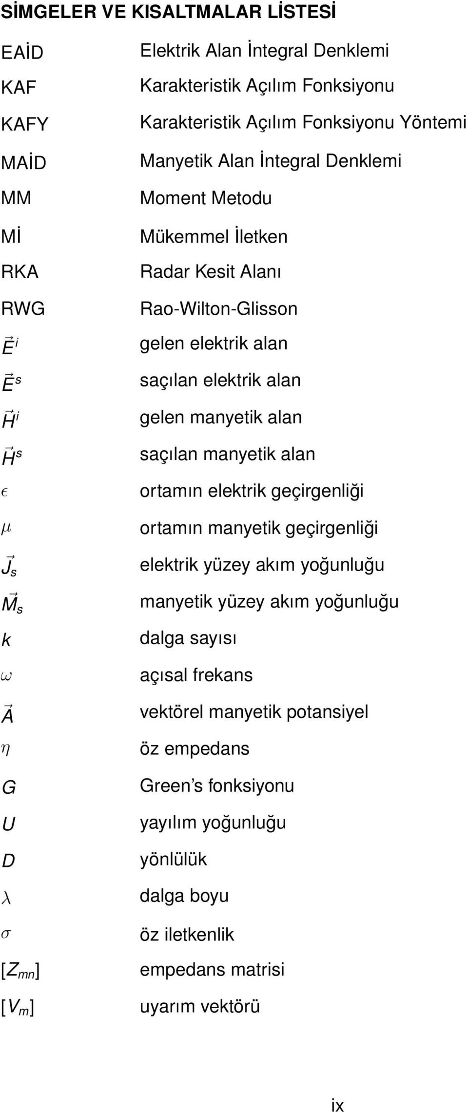 alan saçılan manyetik alan ortamın elektrik geçirgenliği µ ortamın manyetik geçirgenliği J s M s k ω A η G U D λ σ elektrik yüzey akım yoğunluğu manyetik yüzey akım yoğunluğu