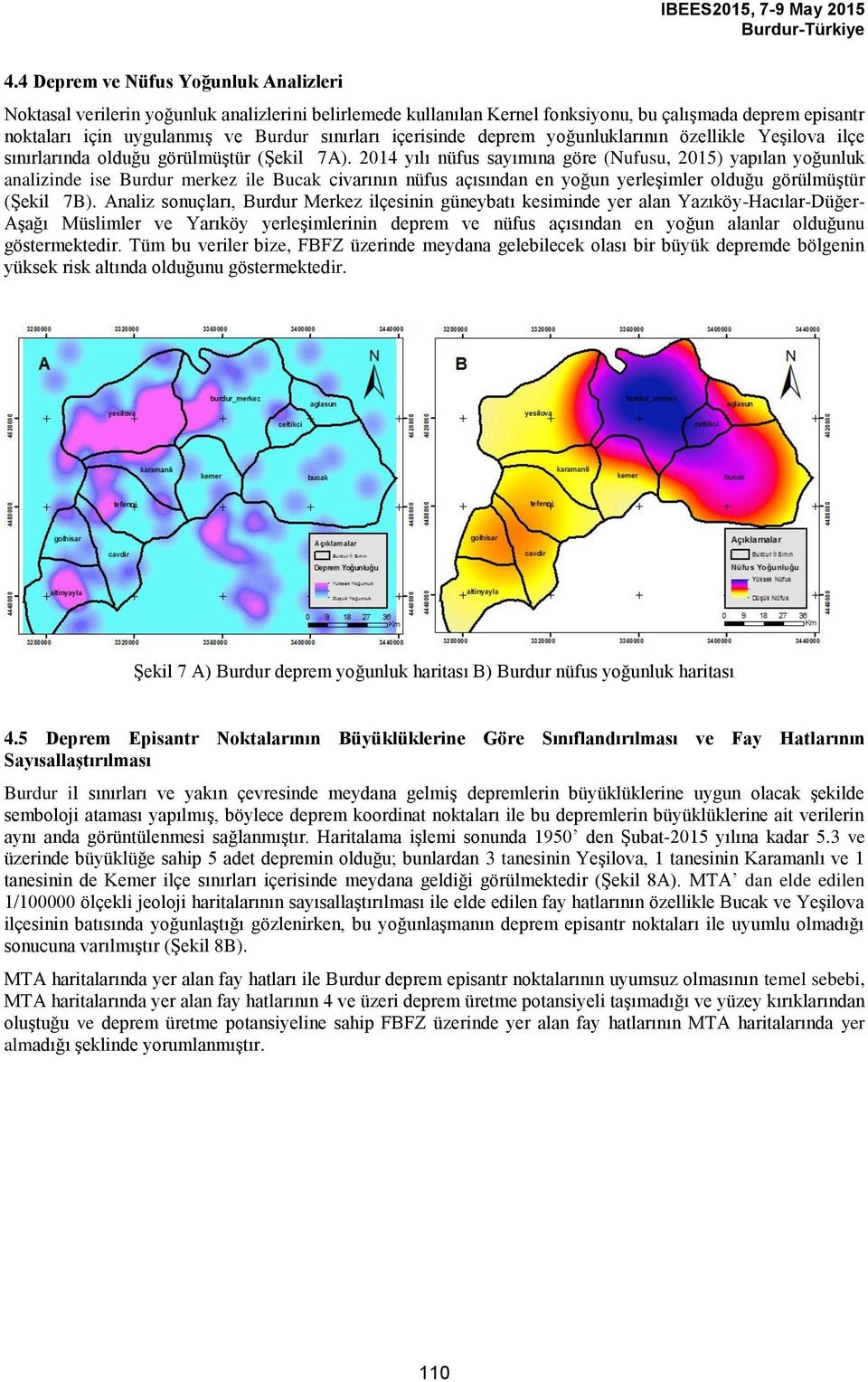 2014 yılı nüfus sayımına göre (Nufusu, 2015) yapılan yoğunluk analizinde ise Burdur merkez ile Bucak civarının nüfus açısından en yoğun yerleşimler olduğu görülmüştür (Şekil 7B).