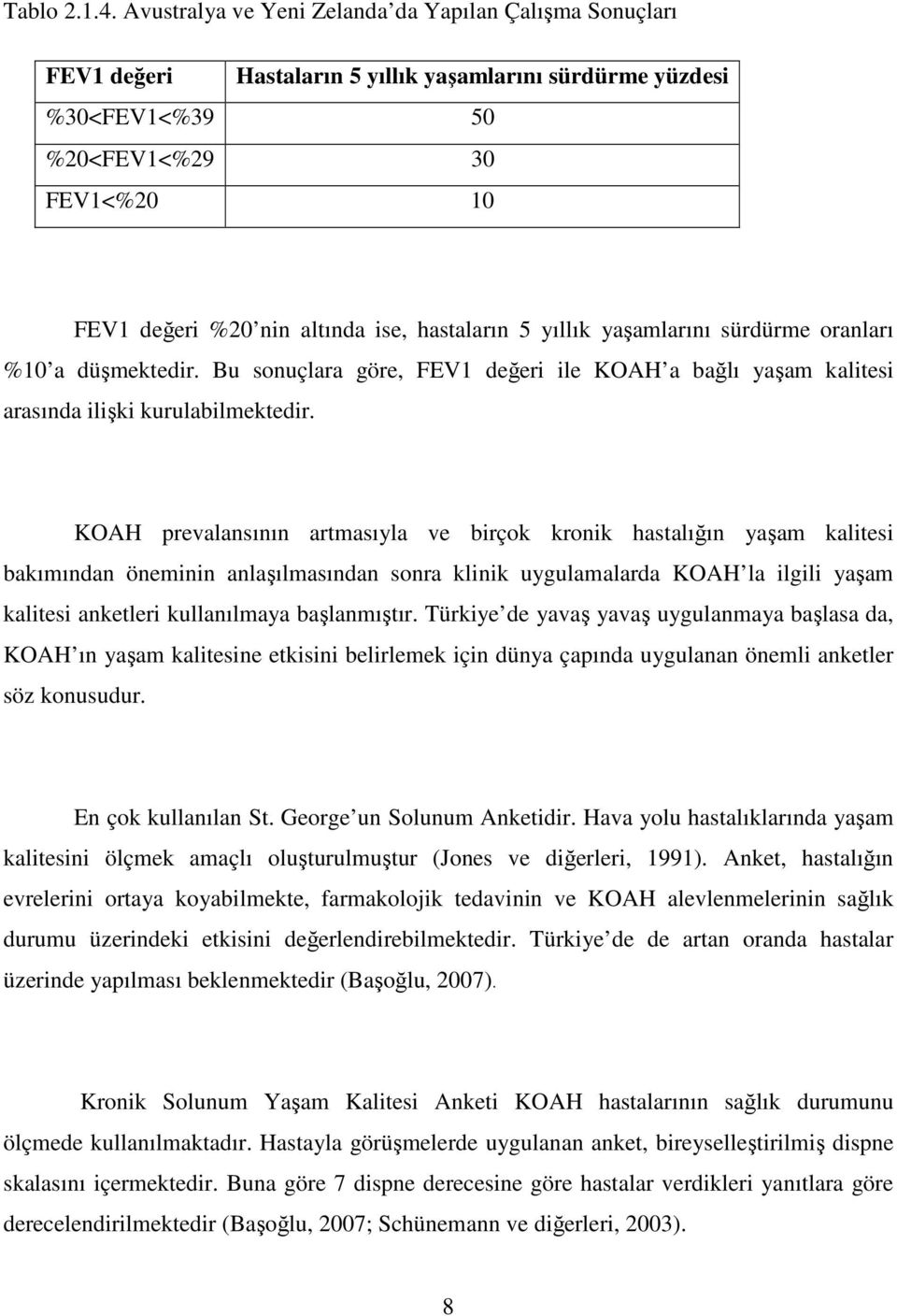 hastaların 5 yıllık yaşamlarını sürdürme oranları %10 a düşmektedir. Bu sonuçlara göre, FEV1 değeri ile KOAH a bağlı yaşam kalitesi arasında ilişki kurulabilmektedir.