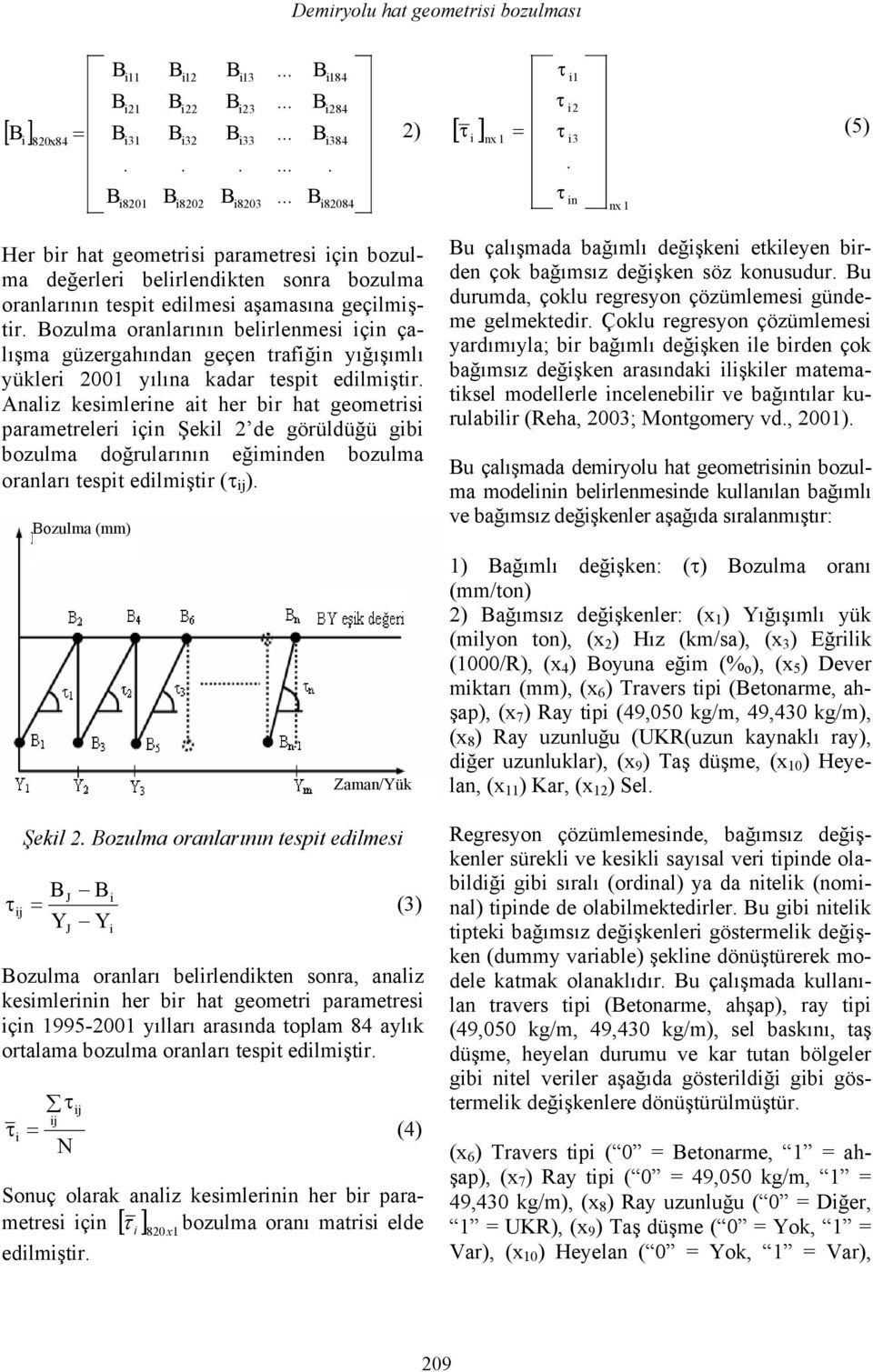 edilmiştir Analiz kesimlerine ait her bir hat geometrisi parametreleri için Şekil 2 de görüldüğü gibi bozulma doğrularının eğiminden bozulma oranları tespit edilmiştir (τ ij ) ozulma (mm) Şekil 2