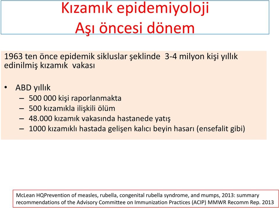 000 kızamık vakasında hastanede yatış 1000 kızamıklı hastada gelişen kalıcı beyin hasarı (ensefalit gibi) McLean