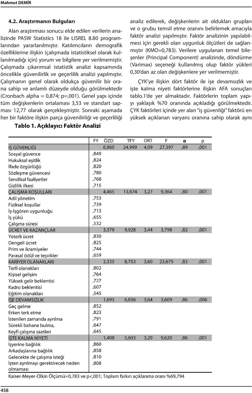 Çalışmada çıkarımsal istatistik analizi kapsamında öncelikle güvenilirlik ve geçerlilik analizi yapılmıştır.