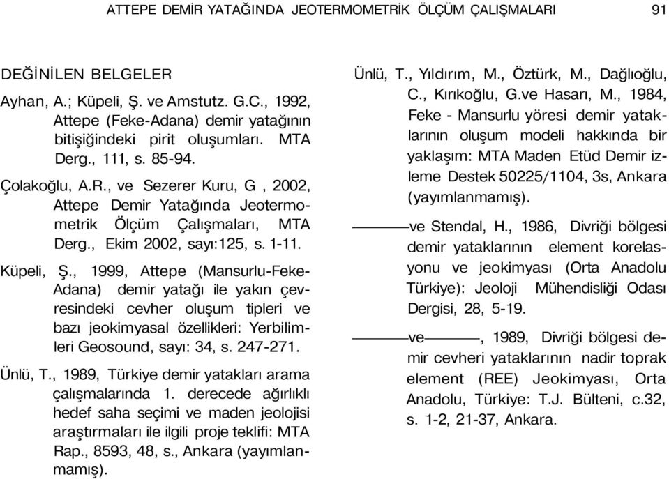 , 1999, Attepe (Mansurlu-Feke- Adana) demir yatağı ile yakın çevresindeki cevher oluşum tipleri ve bazı jeokimyasal özellikleri: Yerbilimleri Geosound, sayı: 34, s. 247-271. Ünlü, T.