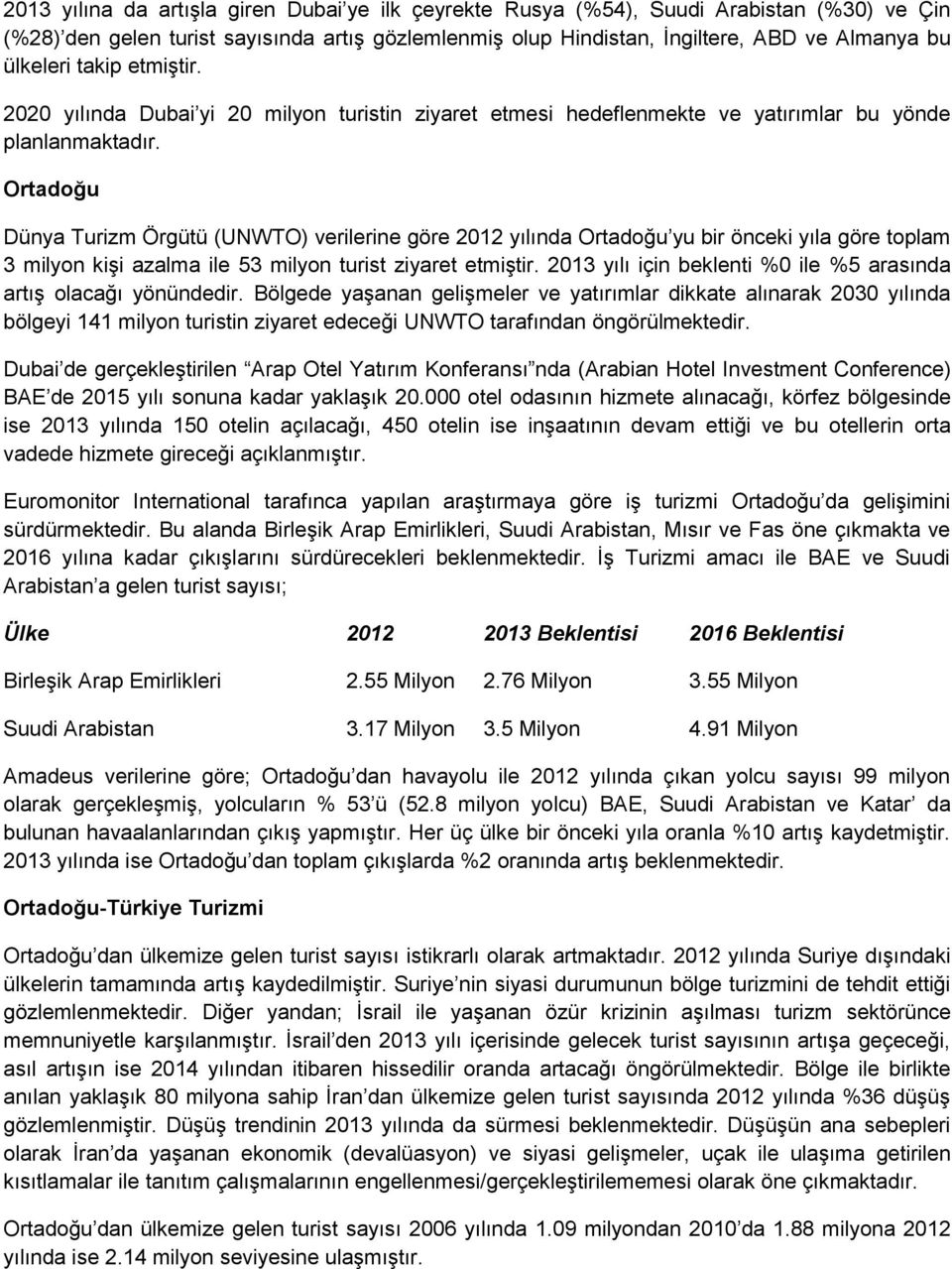 Ortadoğu Dünya Turizm Örgütü (UNWTO) verilerine göre 2012 yılında Ortadoğu yu bir önceki yıla göre toplam 3 milyon kişi azalma ile 53 milyon turist ziyaret etmiştir.