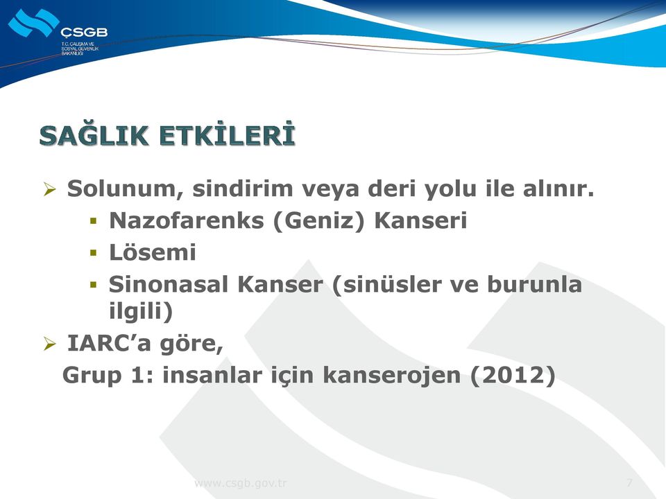 Kanser (sinüsler ve burunla ilgili) IARC a göre,