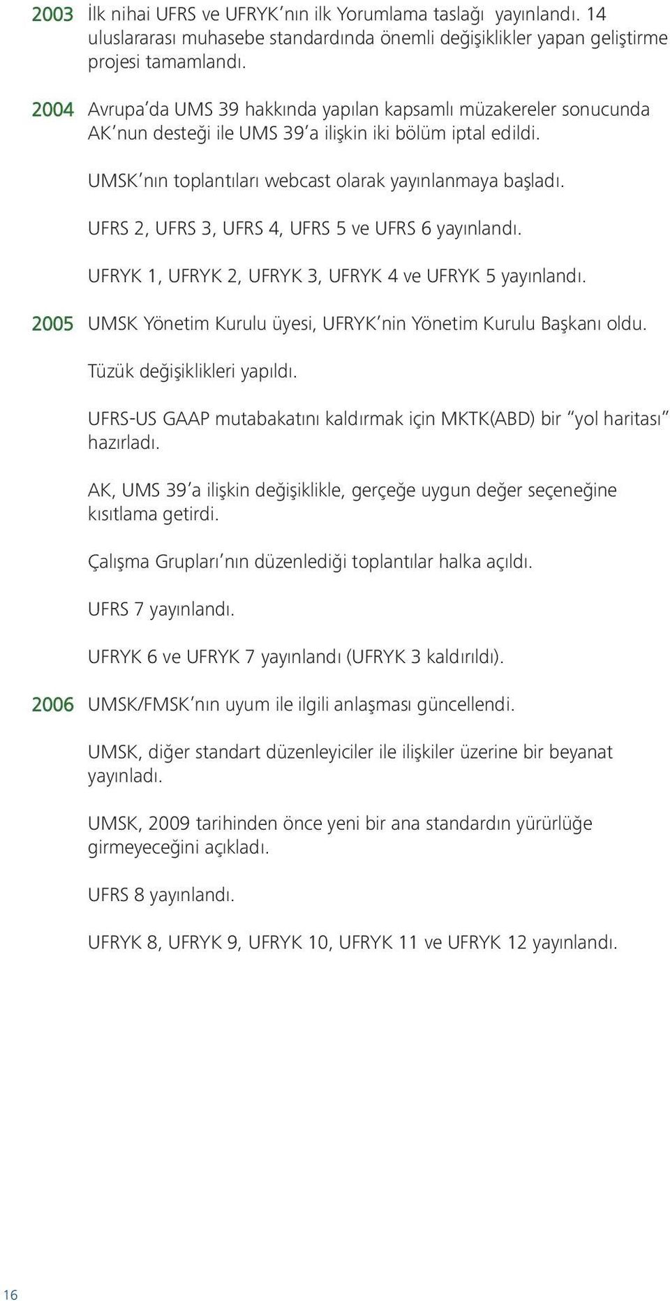 UFRS 2, UFRS 3, UFRS 4, UFRS 5 ve UFRS 6 yayınlandı. UFRYK 1, UFRYK 2, UFRYK 3, UFRYK 4 ve UFRYK 5 yayınlandı. 2005 UMSK Yönetim Kurulu üyesi, UFRYK nin Yönetim Kurulu Başkanı oldu.