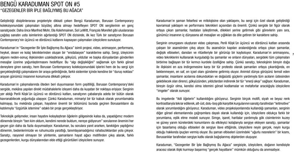 Daha önce Manfred Mohr, Ola Kolehmainen, Sol LeWitt, François Morellet gibi uluslararası çağdaş sanatın usta isimlerinin ağırlandığı SPOT ON dizisinde, ilk kez Türk bir sanatçının Borusan