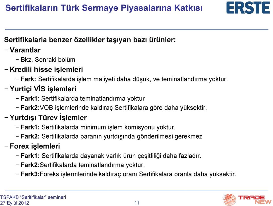 Yurtiçi VİS işlemleri Fark1: Sertifikalarda teminatlandırma yoktur Fark2:VOB işlemlerinde kaldıraç Sertifikalara göre daha yüksektir.