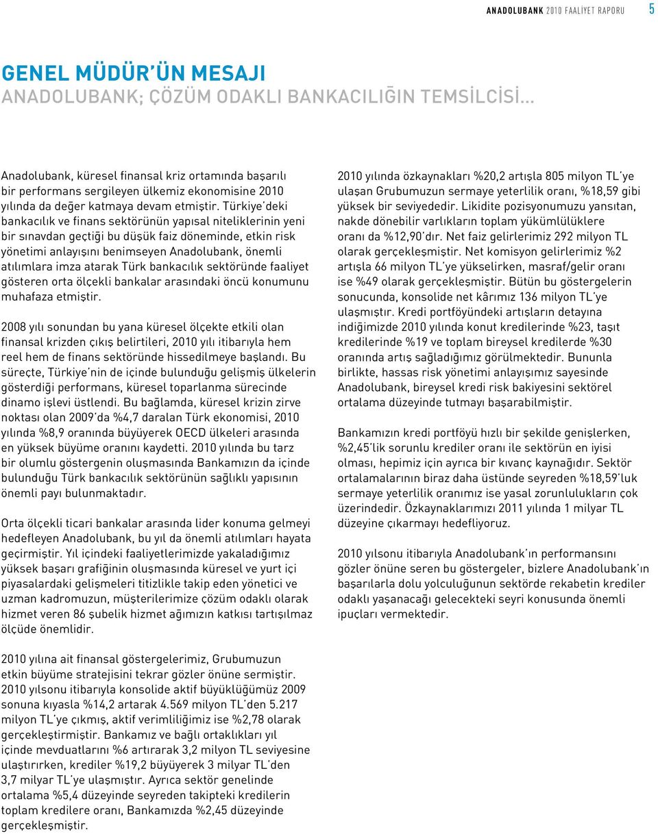 Türkiye deki bankacılık ve finans sektörünün yapısal niteliklerinin yeni bir sınavdan geçtiği bu düşük faiz döneminde, etkin risk yönetimi anlayışını benimseyen Anadolubank, önemli atılımlara imza