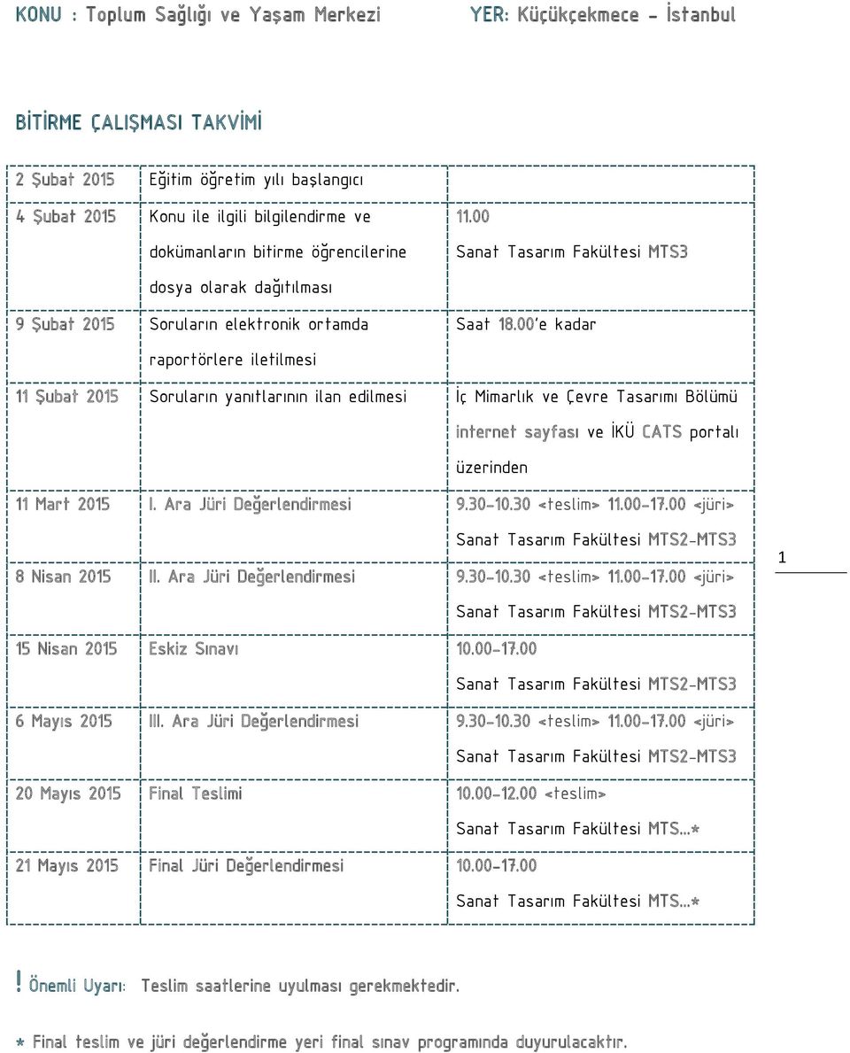 00 e kadar 11 Şubat 2015 Soruların yanıtlarının ilan edilmesi İç Mimarlık ve Çevre Tasarımı Bölümü internet sayfası ve İKÜ CATS portalı üzerinden 11 Mart 2015 I. Ara Jüri Değerlendirmesi 9.30-10.