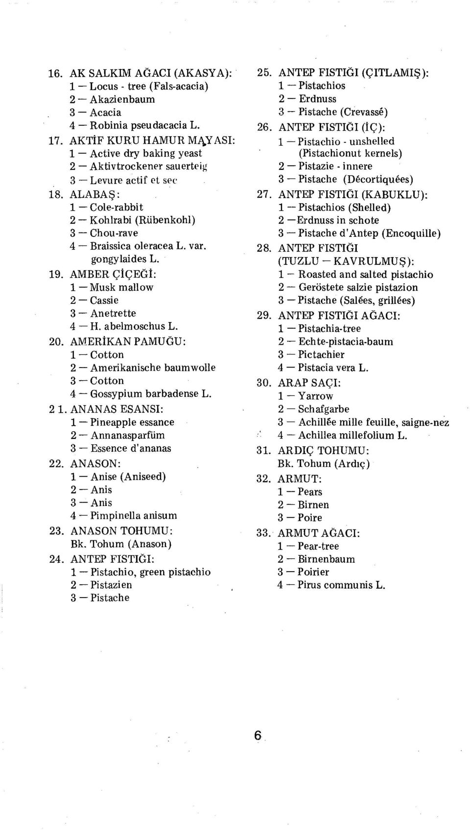 ALABAŞ: ı - Cole-rabbit 2 - Kohlrabi (Rübenkohl) 3 - Chou-rave 4 - Braissica oleracea L. var. gongylaides L. 19. AMBER ÇİÇEGİ: ı - Musk mallow 2 - Cassie 3 - Anetrette 4 - H. abelmoschus L. 20.