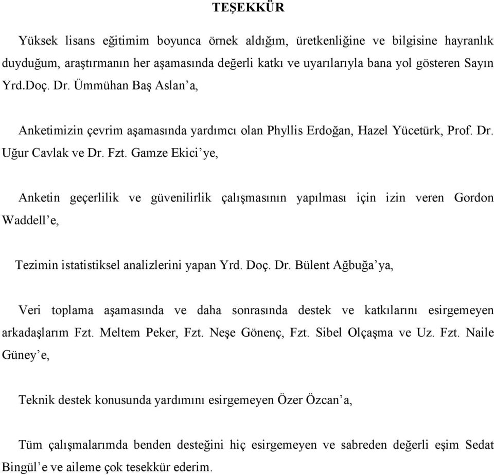 Gamze Ekici ye, Anketin geçerlilik ve güvenilirlik çalışmasının yapılması için izin veren Gordon Waddell e, Tezimin istatistiksel analizlerini yapan Yrd. Doç. Dr.