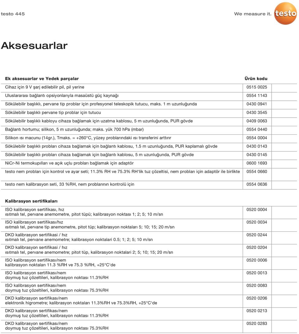 1 m uzunluğunda Sökülebilir başlıklı pervane tip problar için tutucu Sökülebilir başlıklı kabloyu cihaza bağlamak için uzatma kablosu, 5 m uzunluğunda, PUR gövde Bağlantı hortumu; silikon, 5 m