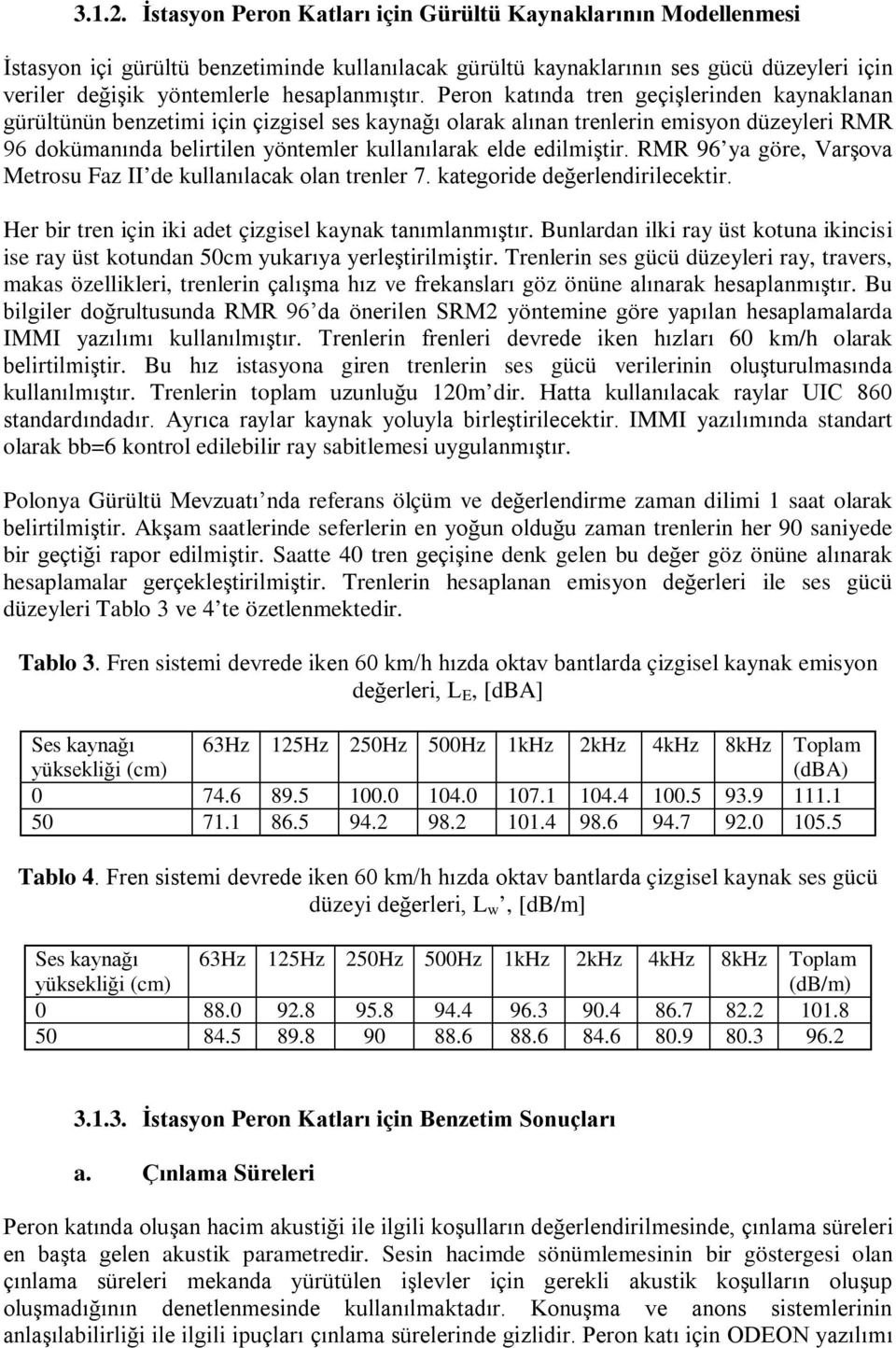 Peron katında tren geçişlerinden kaynaklanan gürültünün benzetimi için çizgisel ses kaynağı olarak alınan trenlerin emisyon düzeyleri RMR 96 dokümanında belirtilen yöntemler kullanılarak elde