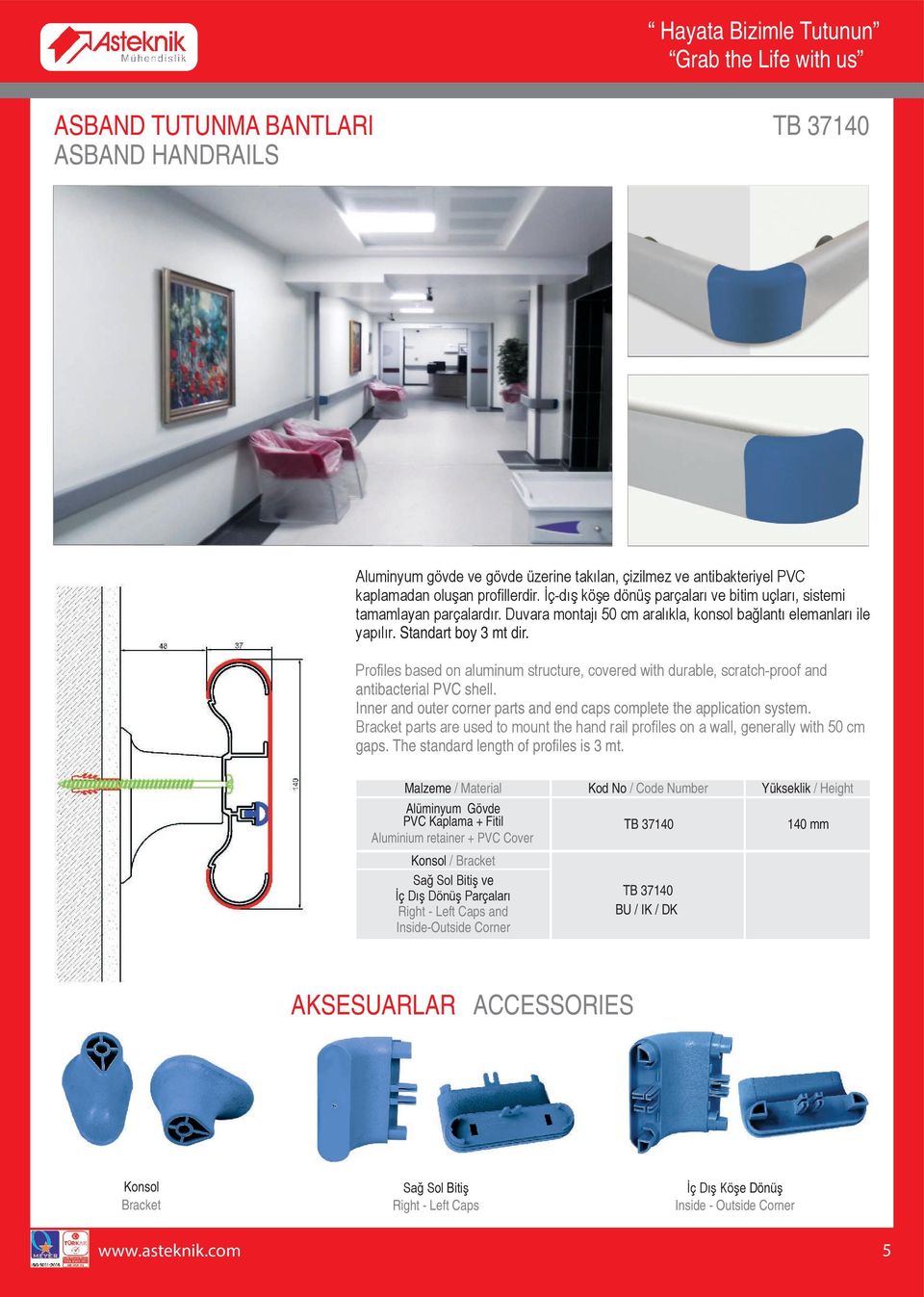 Profiles based on aluminum structure, covered with durable, scratch-proof and antibacterial PVC shell. Inner and outer corner parts and end caps complete the application system.