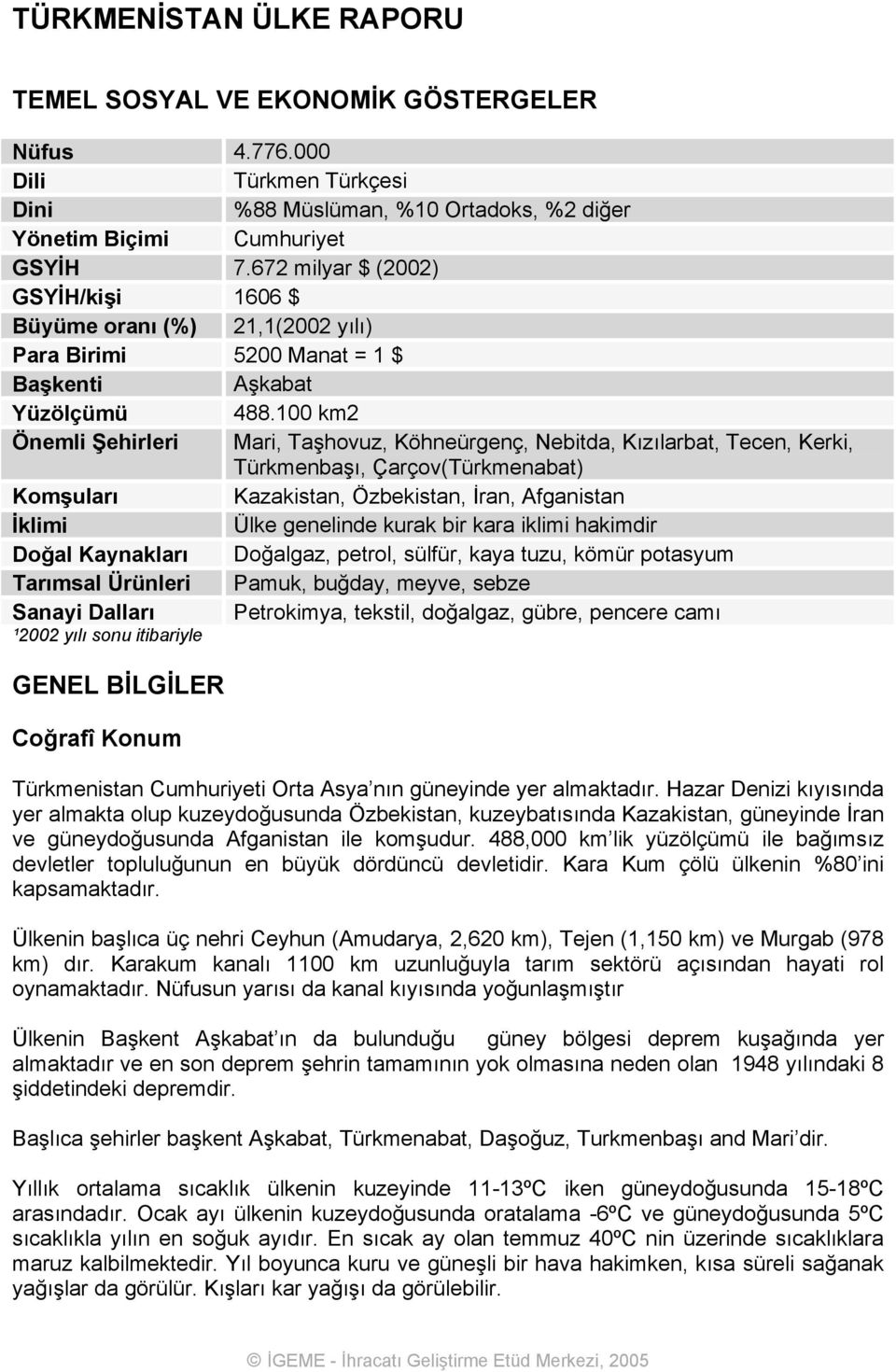 100 km2 Önemli Şehirleri Mari, Taşhovuz, Köhneürgenç, Nebitda, Kızılarbat, Tecen, Kerki, Türkmenbaşı, Çarçov(Türkmenabat) Komşuları Kazakistan, Özbekistan, İran, Afganistan İklimi Ülke genelinde