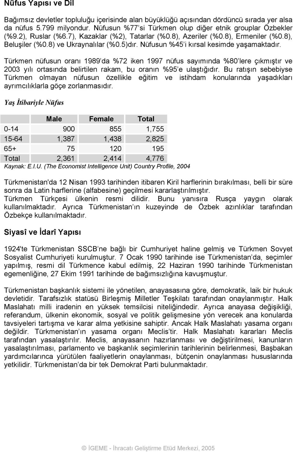 Türkmen nüfusun oranı 1989 da %72 iken 1997 nüfus sayımında %80 lere çıkmıştır ve 2003 yılı ortasında belirtilen rakam, bu oranın %95 e ulaştığıdır.