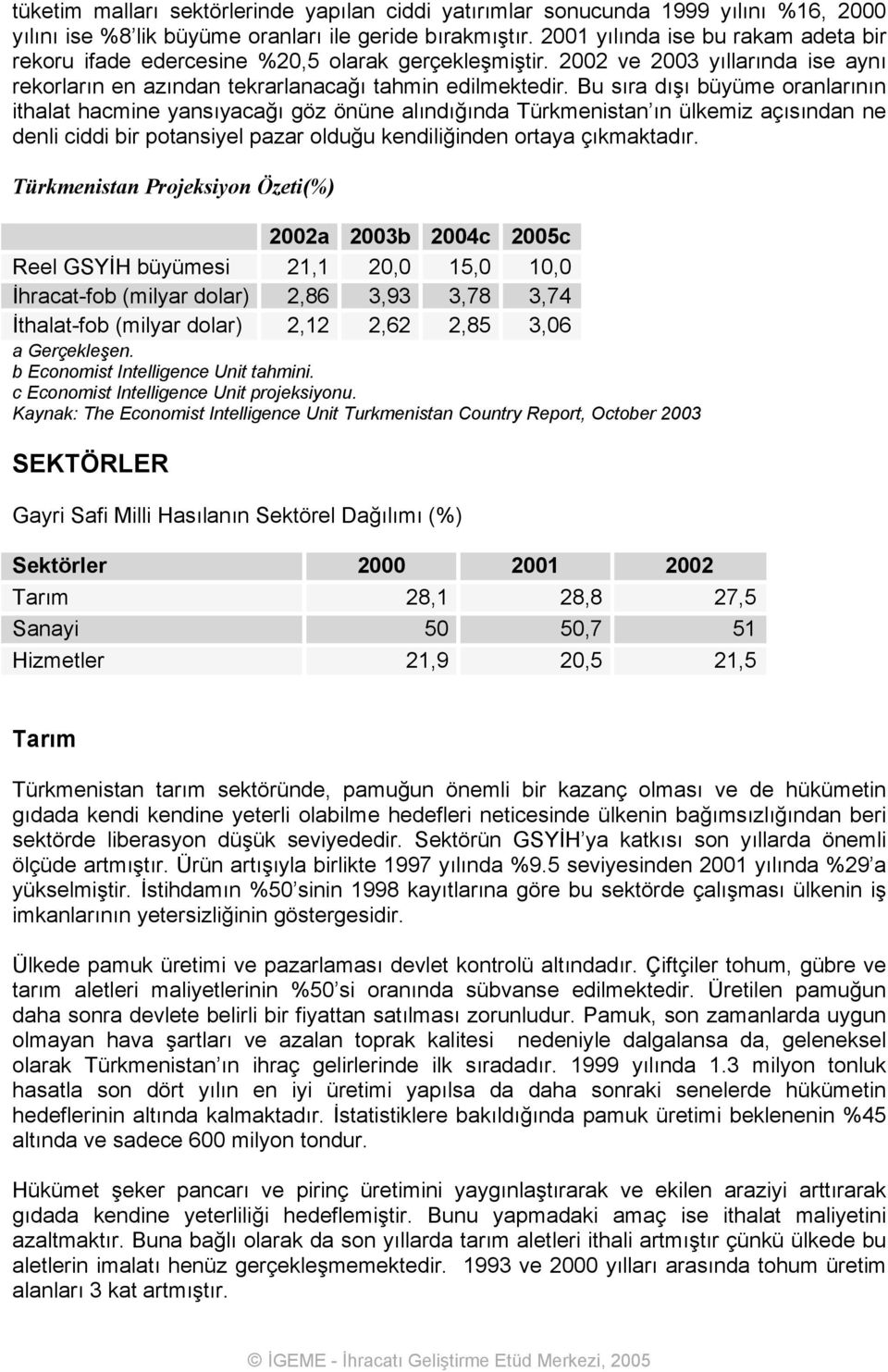 Bu sıra dışı büyüme oranlarının ithalat hacmine yansıyacağı göz önüne alındığında Türkmenistan ın ülkemiz açısından ne denli ciddi bir potansiyel pazar olduğu kendiliğinden ortaya çıkmaktadır.