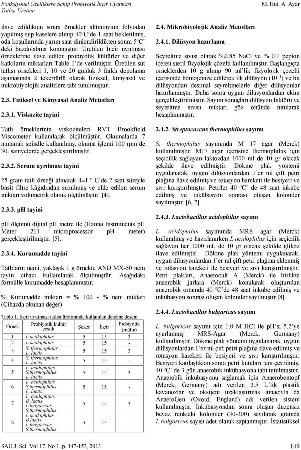 Üretilen süt ttlısı örnekleri 1, 10 ve 20 günlük 3 frklı depolm şmsınd 2 tekerrürlü olrk fiziksel, kimysl ve mikroiyolojik nlizlere ti tutulmuştur. 2.3. Fiziksel ve Kimysl Anliz Metotlrı 2.3.1. Viskozite tyini Ttlı örneklerinin viskoziteleri RVT Brookfield Viscometer kullnılrk ölçülmüştür.