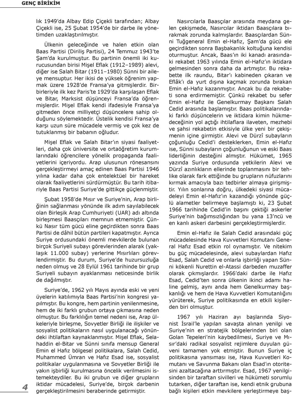 Bu partinin önemli iki kurucusundan birisi Mişel Eflak (1912 1989) alevi, diğer ise Salah Bitar (1911 1980) Sünni bir aileye mensuptur.