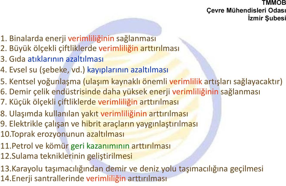 Küçük ölçekli çiftliklerde verimliliğin arttırılması 8. Ulaşımda kullanılan yakıt verimliliğinin arttırılması 9. Elektrikle çalışan ve hibrit araçların yaygınlaştırılması 10.