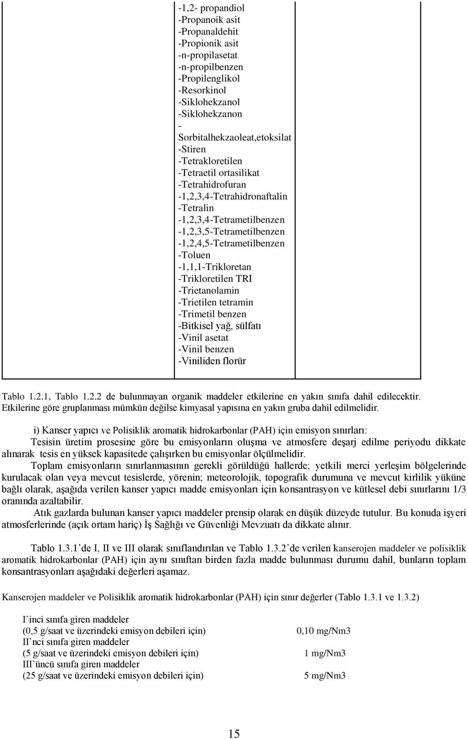 -Trikloretilen TRI -Trietanolamin -Trietilen tetramin -Trimetil benzen -Bitkisel yağ, sülfatı -Vinil asetat -Vinil benzen -Viniliden florür Tablo 1.2.