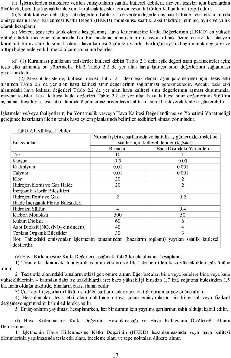 1 de verilen değerleri aşması halinde, tesis etki alanında emisyonların Hava Kirlenmesi Katkı Değeri (HKKD) mümkünse saatlik, aksi takdirde, günlük, aylık ve yıllık olarak hesaplanır.