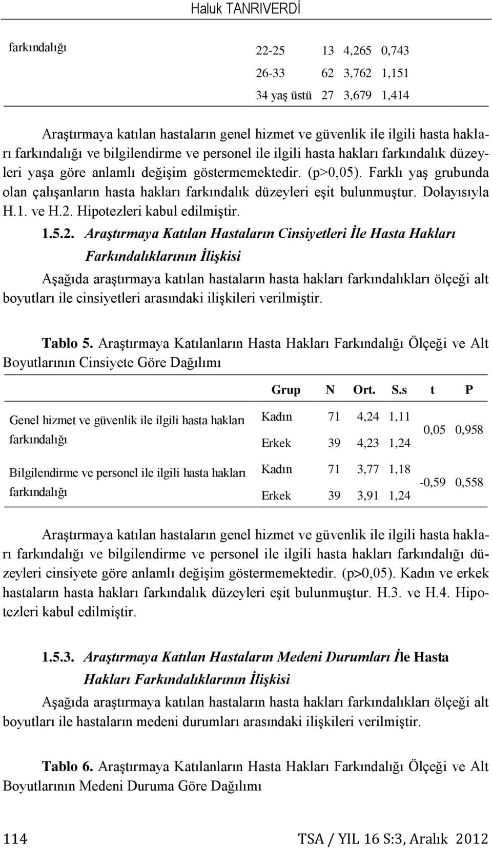 Farklı yaş grubunda olan çalışanların hasta hakları farkındalık düzeyleri eşit bulunmuştur. Dolayısıyla H.1. ve H.2.