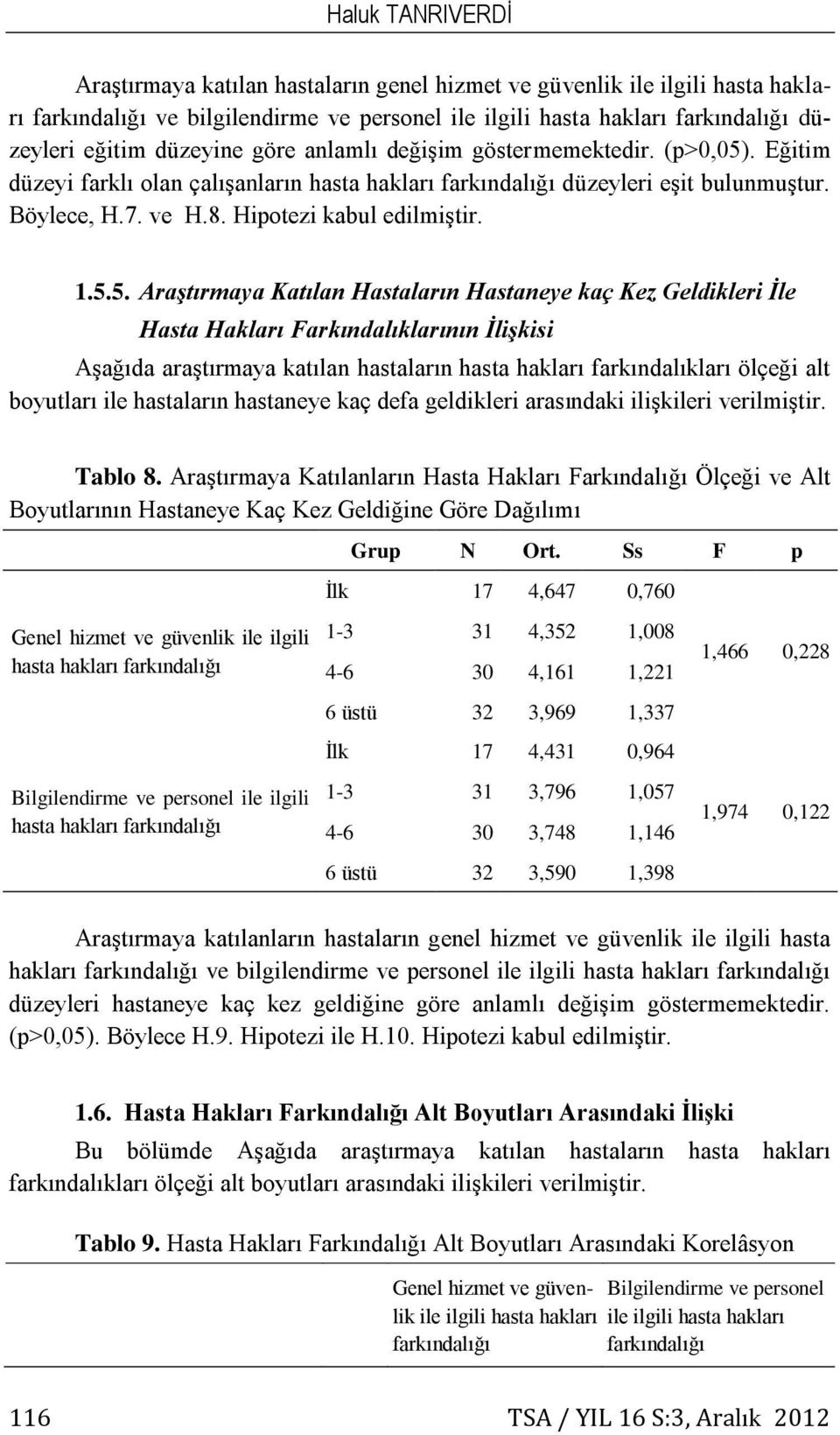 1.5.5. Araştırmaya Katılan Hastaların Hastaneye kaç Kez Geldikleri İle Hasta Hakları Farkındalıklarının İlişkisi Aşağıda araştırmaya katılan hastaların hasta hakları farkındalıkları ölçeği alt