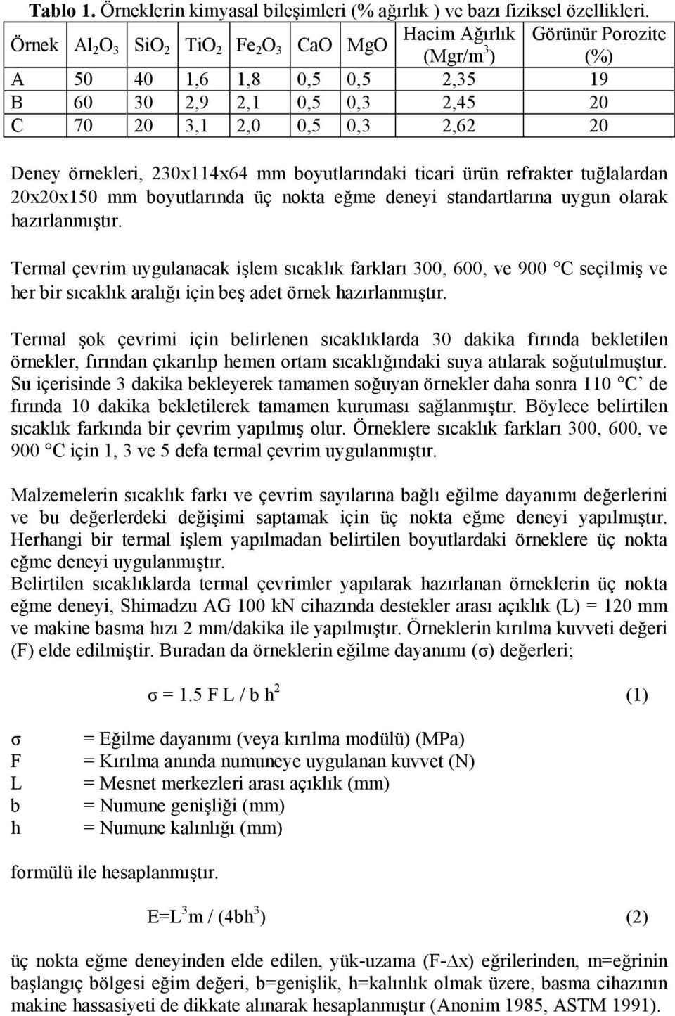 örnekleri, 230x114x64 mm boyutlarındaki ticari ürün refrakter tuğlalardan 20x20x150 mm boyutlarında üç nokta eğme deneyi standartlarına uygun olarak hazırlanmıştır.